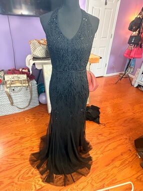 Adrianna Papell Black Beaded Halter Maxi Gown NWT